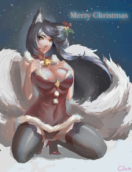 Anime picture 2550x3300 with league of legends ahri (league of legends) cian yo single long hair tall image looking at viewer highres breasts light erotic black hair animal ears tail animal tail light smile lips orange eyes spread legs kneeling facial mark