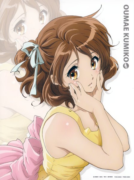 Anime picture 1648x2204 with hibike! euphonium kyoto animation oumae kumiko ikeda shouko single tall image looking at viewer short hair brown hair bare shoulders brown eyes scan zoom layer girl dress ribbon (ribbons) hair ribbon