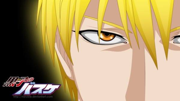 Anime picture 2000x1122 with kuroko no basket production i.g kise ryouta naruble looking at viewer highres short hair blonde hair wide image yellow eyes inscription close-up face boy