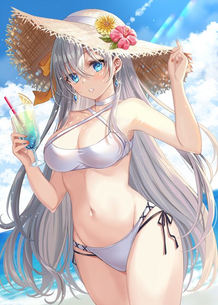 Anime-Bild 700x980 mit fate (series) fate/grand order anastasia (fate) harimoji single long hair tall image looking at viewer blush fringe breasts blue eyes light erotic hair between eyes large breasts standing holding sky cloud (clouds) nail polish