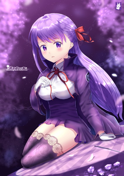 Anime picture 1024x1448 with fate (series) fate/extra fate/extra ccc bb (fate) (all) bb (fate/extra) chinchongcha single long hair tall image blush fringe breasts smile hair between eyes large breasts purple eyes purple hair blunt bangs arm support girl