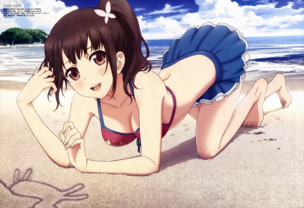 Anime picture 5939x4083 with tari tari megami magazine p.a. works okita sawa long hair looking at viewer blush highres open mouth black hair brown eyes absurdres cloud (clouds) ponytail official art beach girl sea