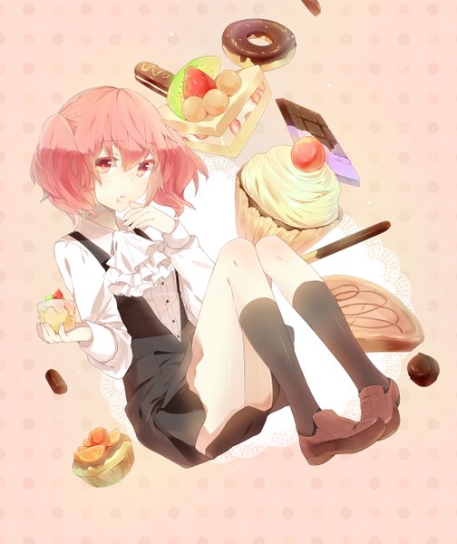 Anime picture 1100x1310 with inu x boku ss david production roromiya karuta moca (p0ckylo) single tall image short hair red eyes pink hair legs girl dress socks food shoes sweets black socks cake chocolate pocky