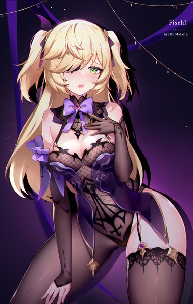 Anime picture 2850x4471 with genshin impact fischl (genshin impact) melailai single long hair tall image looking at viewer blush fringe highres breasts light erotic blonde hair large breasts bare shoulders green eyes signed payot cleavage hair over one eye