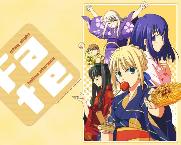 Anime picture 1280x1024 with fate (series) fate/stay night fate/hollow ataraxia studio deen type-moon artoria pendragon (all) saber toosaka rin matou sakura illyasviel von einzbern fujimura taiga japanese clothes yukata