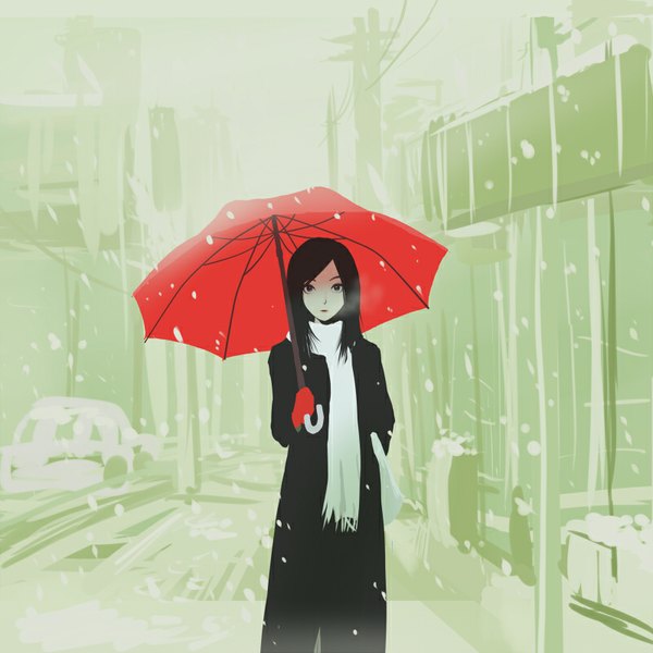 Anime picture 800x800 with original haitaka single long hair looking at viewer black hair standing outdoors black eyes city snowing snow cityscape exhalation hand in pocket silhouette street spot color girl gloves