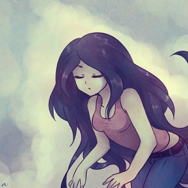 Anime picture 800x800 with adventure time marceline (adventure time) sweetsasa single bare shoulders signed purple hair eyes closed very long hair parted lips grey background wavy hair vampire grey skin girl belt jeans blue jeans