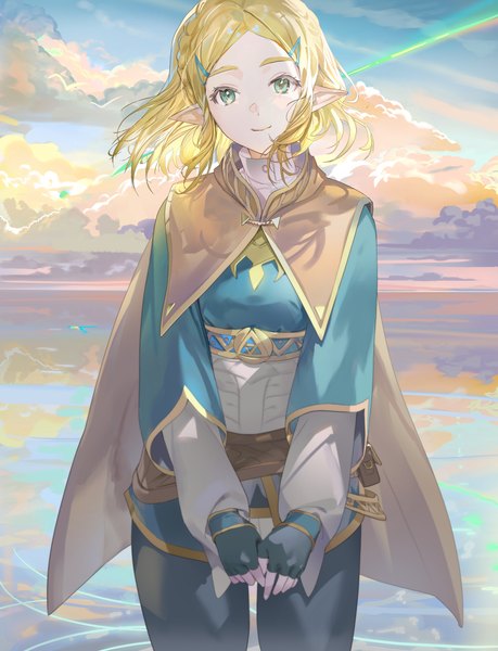 Anime picture 975x1275 with the legend of zelda the legend of zelda: breath of the wild nintendo princess zelda leenim single tall image blush short hair blonde hair smile standing green eyes sky cloud (clouds) outdoors long sleeves head tilt pointy ears hands clasped