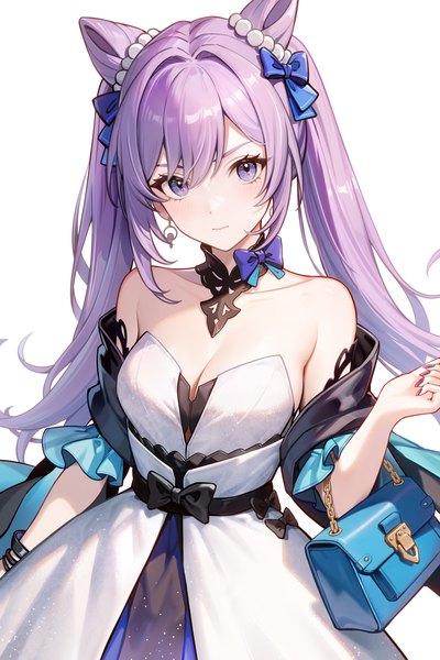 Anime picture 1536x2304 with genshin impact keqing (genshin impact) 95--- single long hair tall image looking at viewer fringe simple background hair between eyes white background purple eyes twintails purple hair nail polish hair bun (hair buns) purple nail polish girl dress bow
