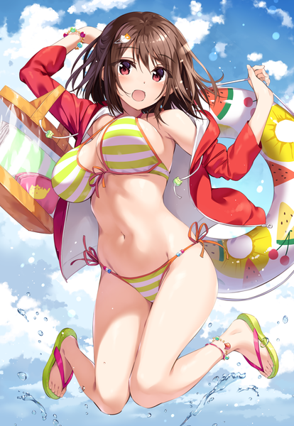 Anime picture 879x1273 with aibeya hayami aki oryou single tall image looking at viewer blush fringe short hair breasts open mouth light erotic hair between eyes brown hair large breasts bare shoulders holding brown eyes sky cloud (clouds)
