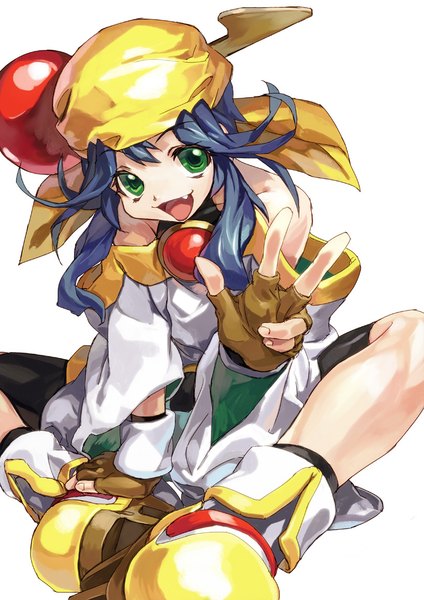 Anime picture 820x1160 with saber marionette j lime (saber j) ryuutetsu single long hair tall image looking at viewer open mouth simple background white background sitting bare shoulders green eyes blue hair full body traditional clothes japanese clothes fang (fangs) victory indian style