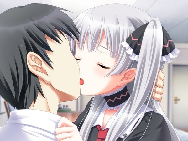 Anime picture 1024x768 with hiyoko strike! (game) kaguradori hina yasuyuki long hair short hair black hair game cg silver hair eyes closed loli couple kiss lolita fashion french kiss girl dress boy