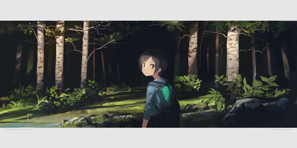 Anime picture 2048x1024 with yama no susume 8bit kurosaki honoka astg single looking at viewer blush highres short hair blue eyes black hair wide image signed looking back copyright name character names letterboxed girl plant (plants) tree (trees)