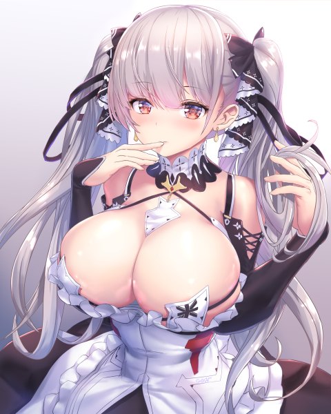 Anime picture 960x1200 with azur lane formidable (azur lane) tougetsu gou single long hair tall image looking at viewer blush fringe breasts light erotic simple background hair between eyes red eyes large breasts twintails cleavage upper body grey hair grey background