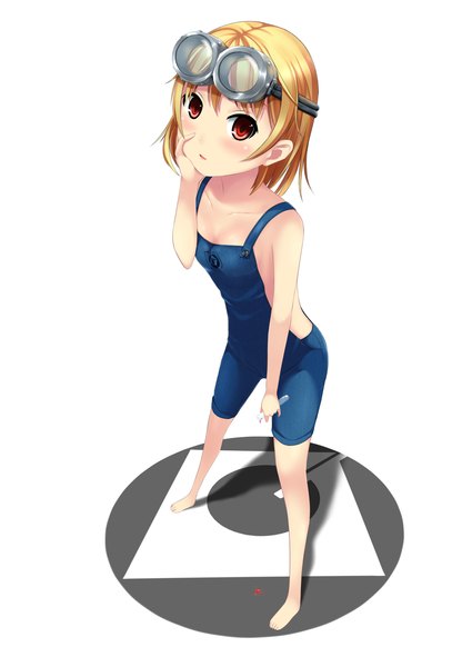 Anime picture 992x1402 with original pinguin-kotak single tall image blush short hair open mouth simple background blonde hair smile red eyes white background girl goggles test tube