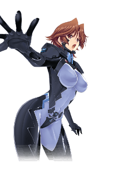 Anime picture 640x900 with muv-luv alternative muv-luv isumi michiru single tall image short hair breasts open mouth light erotic brown hair large breasts brown eyes looking away thighs outstretched arm transparent background arched back shiny clothes skin tight girl