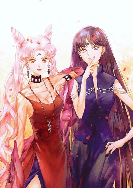 Anime picture 800x1132 with bishoujo senshi sailor moon toei animation chibiusa tomoe hotaru black lady mistress 9 tin nijigen tall image looking at viewer fringe red eyes standing purple eyes twintails multiple girls pink hair purple hair very long hair nail polish fingernails