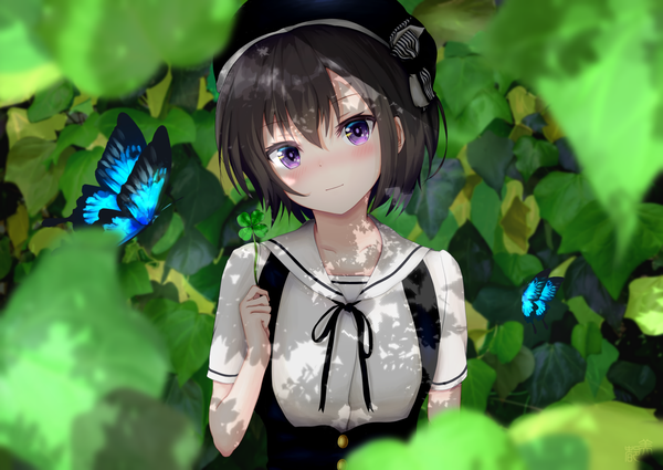 Anime picture 1524x1080 with original mito ichijyo single looking at viewer blush fringe short hair black hair hair between eyes standing purple eyes holding upper body outdoors head tilt light smile girl bow leaf (leaves) insect