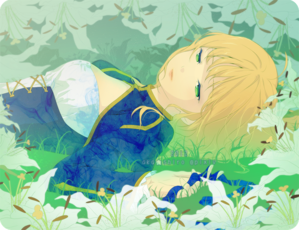 Anime picture 1000x773 with fate (series) fate/stay night fate/zero studio deen type-moon artoria pendragon (all) saber aka-shiro single long hair fringe breasts blonde hair holding green eyes looking away lying lips girl flower (flowers)