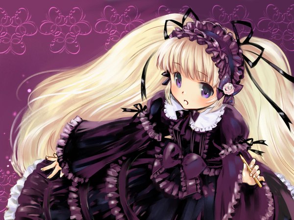 Anime picture 1600x1200 with tagme (copyright) tagme (character) tagme (artist) single long hair looking at viewer blonde hair purple eyes long sleeves loli girl dress ribbon (ribbons) hairband purple dress pencil