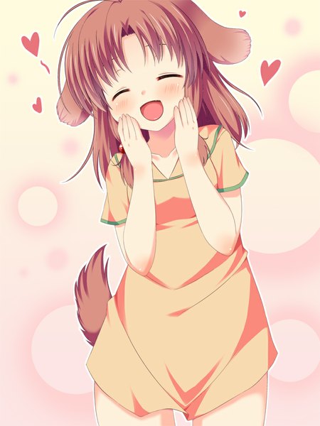 Anime picture 750x1000 with original asa no ha single long hair tall image blush open mouth brown hair animal ears tail eyes closed animal tail ^ ^ ^o^ girl heart