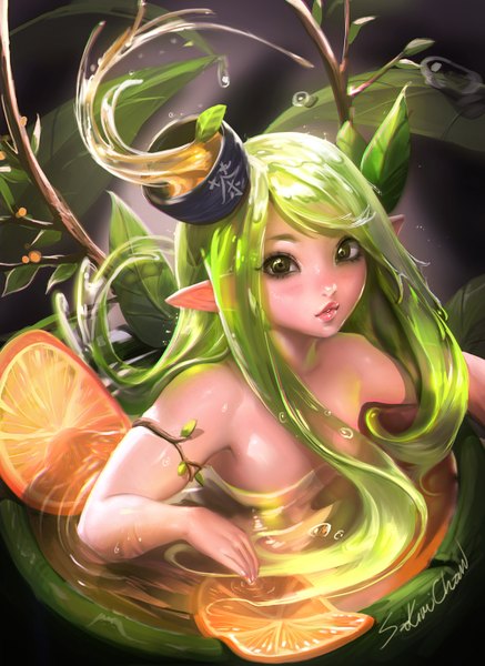 Anime picture 1000x1371 with sakimichan single long hair tall image looking at viewer breasts light erotic bare shoulders green eyes signed green hair lips realistic convenient censoring orange background girl leaf (leaves) water drop branch tea
