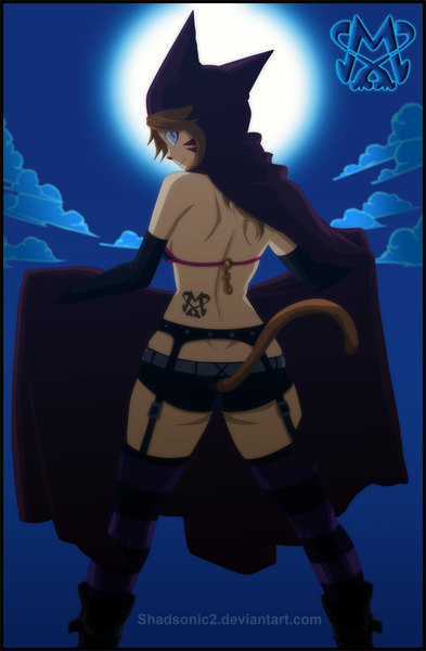 Anime picture 655x1000 with fairy tail millianna shadsonic2 single long hair tall image light erotic smile brown hair green eyes cloud (clouds) tail animal tail profile night cat girl cat tail tattoo night sky coloring