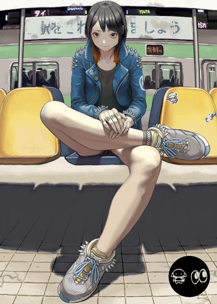 Anime picture 1000x1403 with original kumi otoko single tall image looking at viewer short hair brown hair sitting brown eyes open clothes open jacket legs girl socks shoes jacket window sneakers train train station