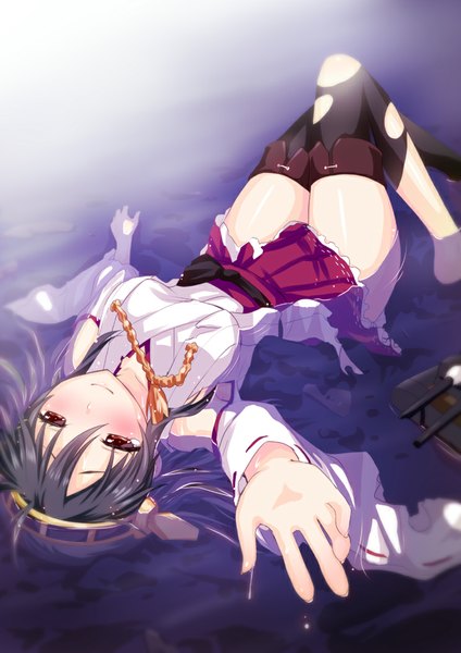 Anime picture 744x1052 with kantai collection haruna battleship saki chisuzu single long hair tall image looking at viewer blush black hair brown eyes torn clothes girl thighhighs black thighhighs detached sleeves water hairband torn thighhighs