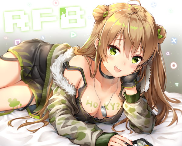 Anime picture 2000x1600 with girls frontline rfb (girls frontline) toki (toki ship8) single long hair looking at viewer blush fringe highres breasts open mouth light erotic simple background smile hair between eyes brown hair large breasts green eyes cleavage ahoge