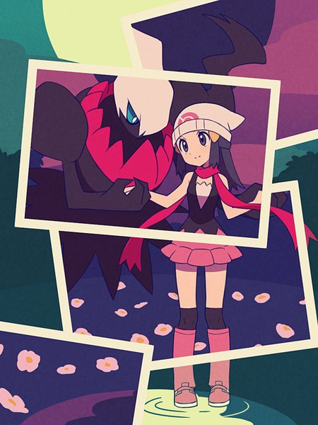 Anime picture 750x1000 with pokemon pokemon dppt nintendo dawn (pokemon) darkrai agata (agatha) long hair tall image black hair looking away light smile black eyes holding hands gen 4 pokemon girl thighhighs flower (flowers) black thighhighs boots scarf