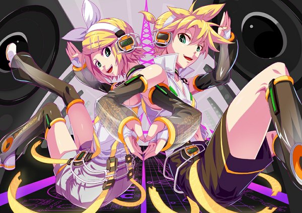 Anime picture 1000x707 with vocaloid kagamine rin kagamine len hiropon pj (artist) looking at viewer short hair open mouth blonde hair green eyes girl boy hair ornament detached sleeves shorts hairclip headphones speakers