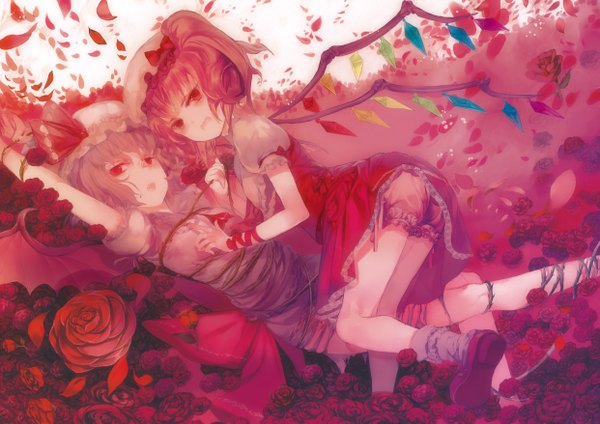 Anime picture 1241x877 with touhou flandre scarlet remilia scarlet leiror (pixiv) short hair red eyes multiple girls shoujo ai bat wings bondage girl flower (flowers) 2 girls hat petals wings rose (roses) knickers thorns