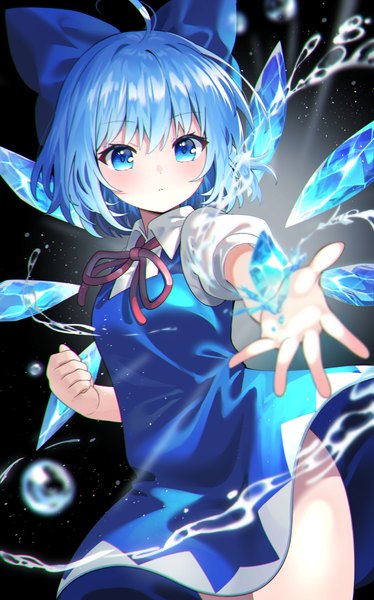 Anime picture 3128x5016 with touhou cirno yuujin (yuzinn333) single tall image fringe highres short hair blue eyes hair between eyes blue hair looking away absurdres ahoge outstretched arm magic girl dress bow hair bow