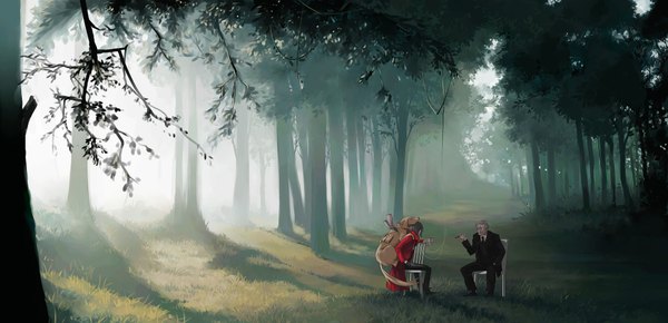 Anime picture 2000x968 with bela bartok mayumio highres wide image sitting multiple boys wallpaper landscape scenic nature formal boy plant (plants) animal tree (trees) headphones 2 boys chair suit cup