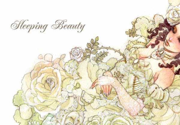 Anime picture 1000x694 with sleeping beauty aurora (sleeping beauty) sakizou (artist) single long hair simple background brown hair white background bare shoulders lying eyes closed nail polish inscription drill hair crossed arms sleeping curly hair headless girl dress