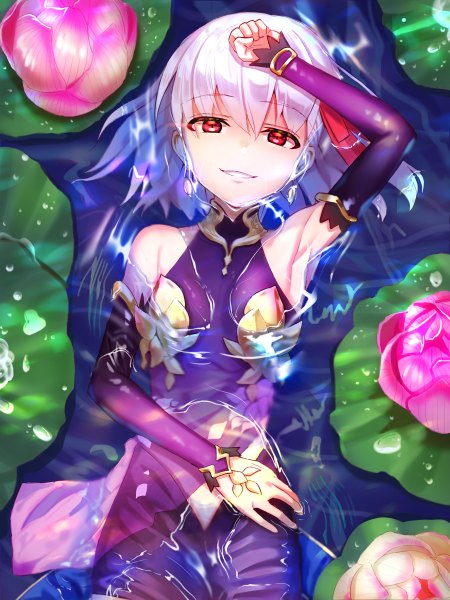 Anime picture 1800x2400 with fate (series) fate/grand order kama (fate) tutler single tall image looking at viewer fringe highres short hair smile hair between eyes red eyes silver hair lying long sleeves parted lips teeth partially submerged hand on head