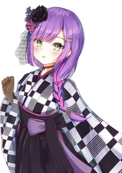 Anime picture 2431x3438 with virtual youtuber hololive tokoyami towa tokoyami towa (2nd costume) rinsu (rins10215) single long hair tall image looking at viewer highres open mouth simple background white background green eyes pink hair purple hair braid (braids) traditional clothes japanese clothes multicolored hair