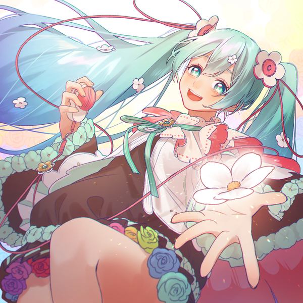 Anime picture 1500x1500 with vocaloid magical mirai (vocaloid) hatsune miku magical mirai miku magical mirai miku (2021) tadano ichigo single looking at viewer fringe open mouth hair between eyes twintails holding very long hair :d hair flower aqua eyes aqua hair outstretched hand girl