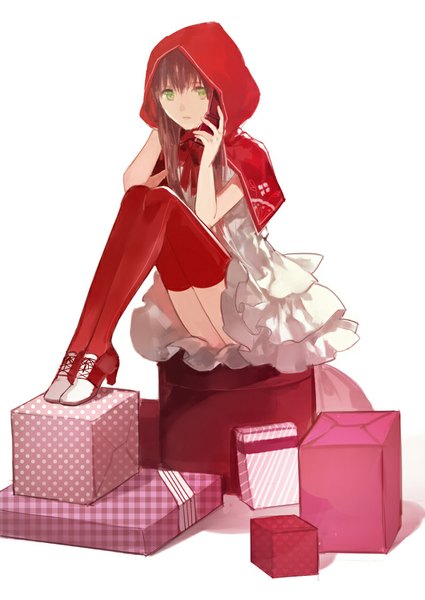 Anime picture 709x1000 with original cotta single long hair tall image looking at viewer blush simple background brown hair white background sitting green eyes girl thighhighs dress shoes white dress hood gift phone