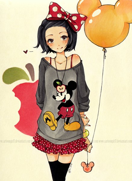 Anime picture 600x821 with original mickey mouse cartoongirl7 single tall image looking at viewer short hair black hair smile nail polish fingernails grey eyes zettai ryouiki hands behind back polka dot thighhighs skirt bow black thighhighs hair bow