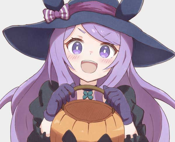 Anime picture 1780x1442 with umamusume mejiro mcqueen (umamusume) sattenimukatte single long hair looking at viewer highres open mouth smile purple eyes purple hair halloween girl gloves hat choker witch hat hat ribbon purple gloves bucket
