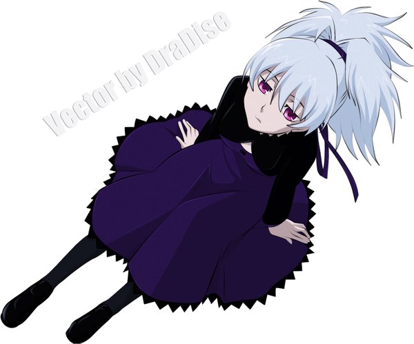 Anime picture 1420x1181 with darker than black studio bones yin (darker than black) single long hair looking at viewer simple background white background sitting purple eyes silver hair ponytail girl dress ribbon (ribbons) hair ribbon pantyhose shoes