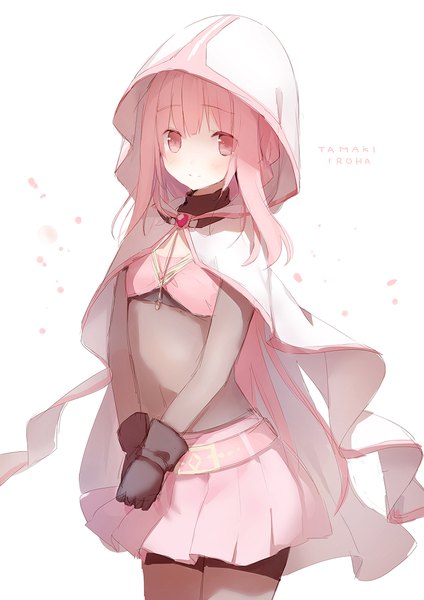 Anime picture 827x1169 with mahou shoujo madoka magica magia record: mahou shoujo madoka magica gaiden shaft (studio) tamaki iroha suzumori uina single long hair tall image looking at viewer blush fringe simple background white background pink hair pleated skirt pink eyes character names girl skirt gloves