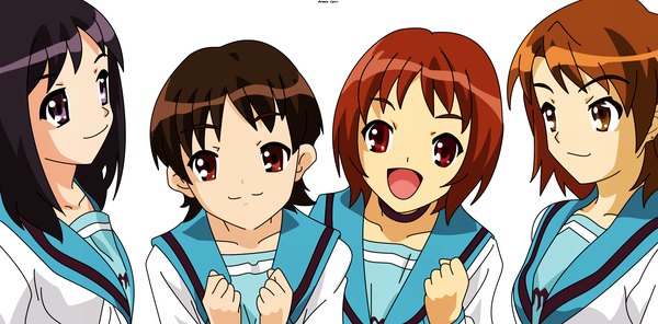 Anime picture 3000x1480 with suzumiya haruhi no yuutsu kyoto animation okajima mizuki zaizen mai enomoto miyuki nakanishi takako looking at viewer highres short hair open mouth red eyes brown hair wide image white background purple eyes multiple girls brown eyes purple hair red hair vector