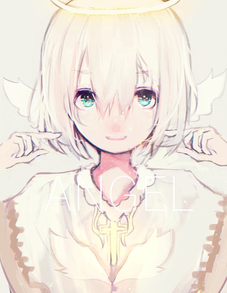 Anime picture 1736x2244 with original tarbo (exxxpiation) single tall image looking at viewer fringe highres short hair open mouth blue eyes simple background smile hair between eyes upper body white hair grey background text english angel wings head wings