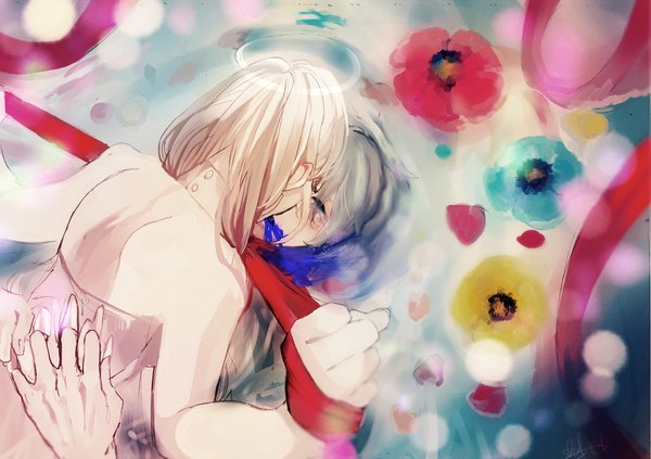 Anime picture 1012x714 with original maydell blue eyes blonde hair bare shoulders signed grey hair hug back kiss girl boy flower (flowers) ribbon (ribbons) petals halo paint