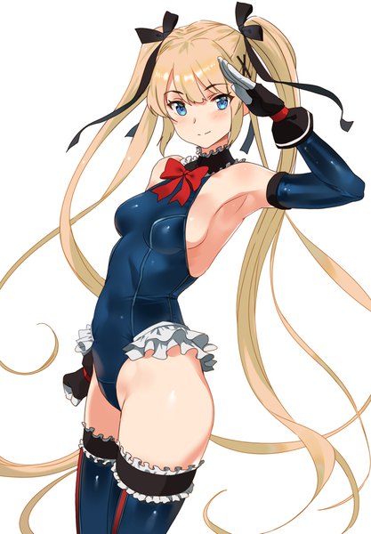Anime picture 1500x2159 with dead or alive marie rose yd (orange maru) single long hair tall image looking at viewer blush fringe breasts blue eyes light erotic simple background blonde hair standing white background twintails bare shoulders payot blunt bangs