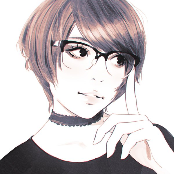 Anime picture 1080x1080 with original ilya kuvshinov single fringe short hair simple background white background looking away parted lips monochrome portrait adjusting glasses girl choker glasses