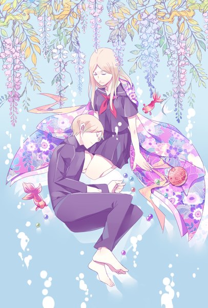 Anime picture 1104x1630 with natsume yuujinchou brains base (studio) natsume takashi natsume reiko 44 (pixiv1018851) long hair tall image short hair simple background blonde hair sitting lying eyes closed japanese clothes barefoot grey background no shoes couple kneeling blue background